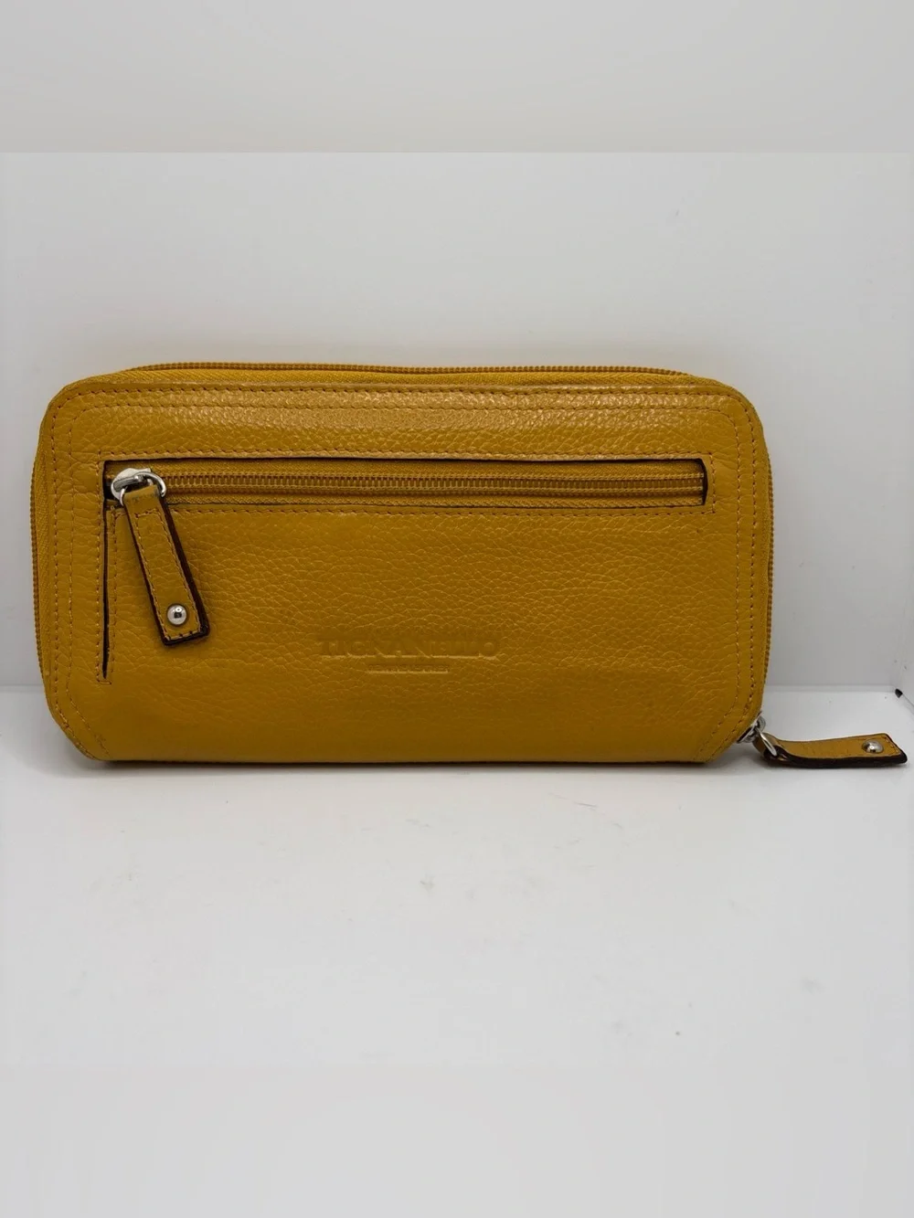 TIGNANELLO Leather Wallet Mustard Yellow Zip Around Multi Slot Clutch Pockets